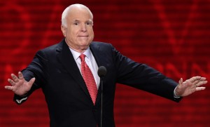 Sen. John McCain, R-Ariz., reacts to the delegates during the Republican National Convention in Tampa, Fla., on Wednesday, Aug. 29, 2012. (AP Photo/J. Scott Applewhite)